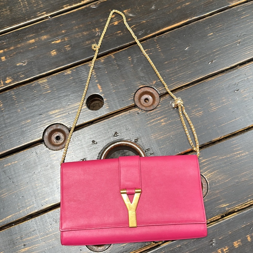 Saint Laurent Signature Hold “Y” Large Pink Leather Clutch or Shoulder Bag - Picture 5 of 17